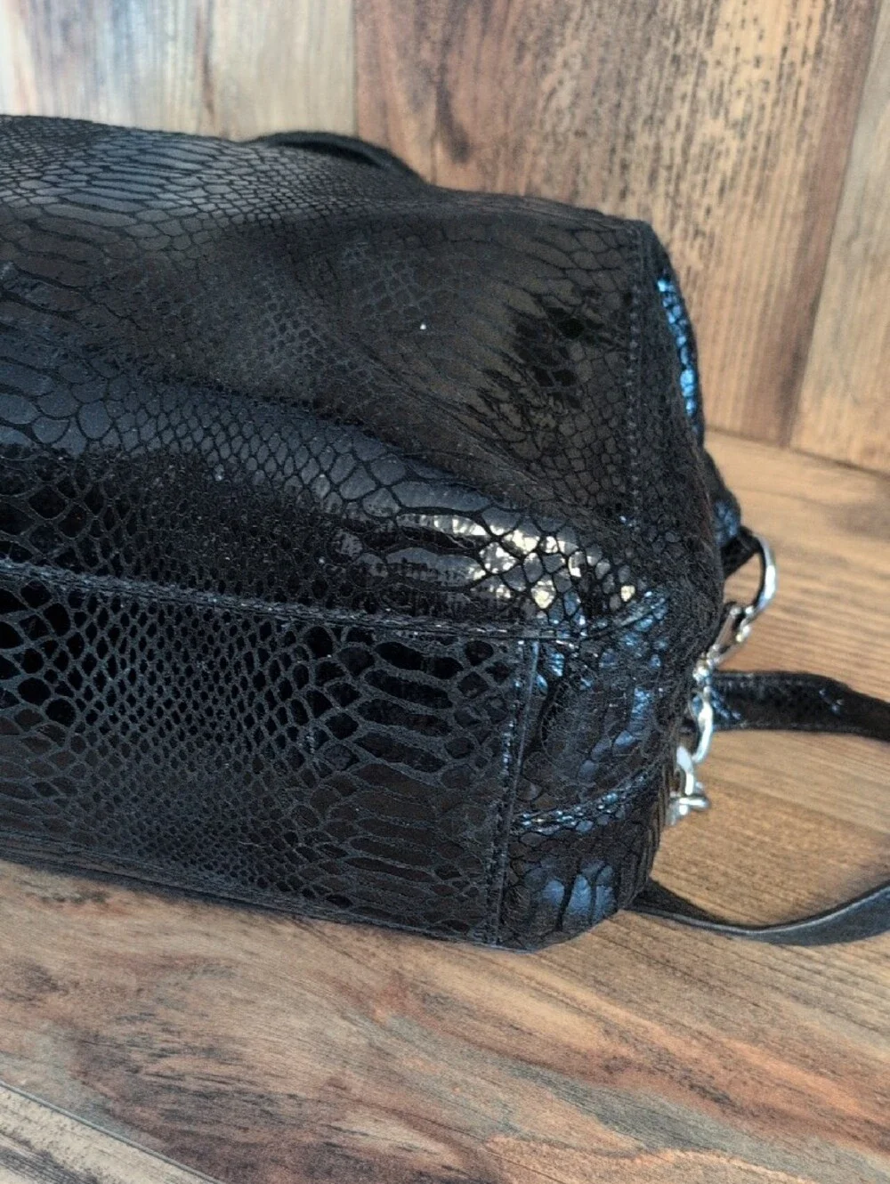 Michael Kors Glossy Snake-Embossed Python Satchel with MK Medallion M478